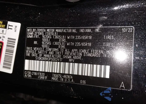 2023 Toyota Highlander L z USA, uszkodzony, nr VIN 5TDKDRBH3PS002417